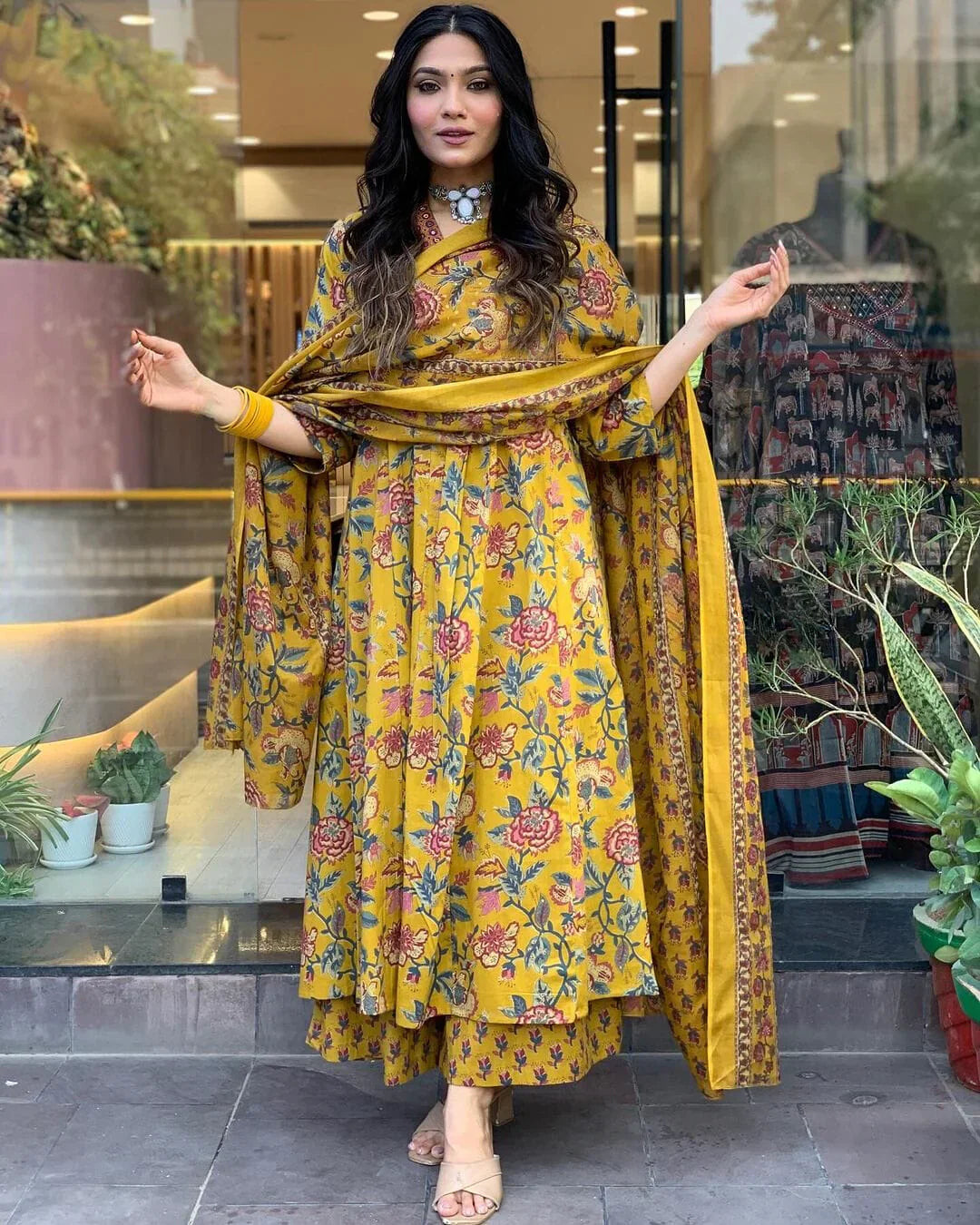 Mustard Floral Printed Anarkali Kurta Set with Mulmul Dupatta for Women