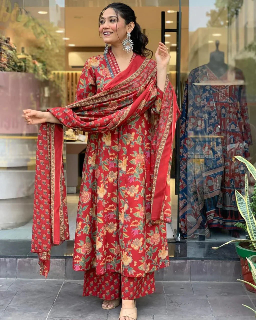 Crimson Red Floral Printed Kurta Set with Dupatta for Women