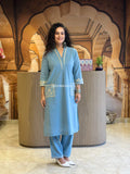 Light Blue Embroidered Cotton Kurta Pant Set for Women