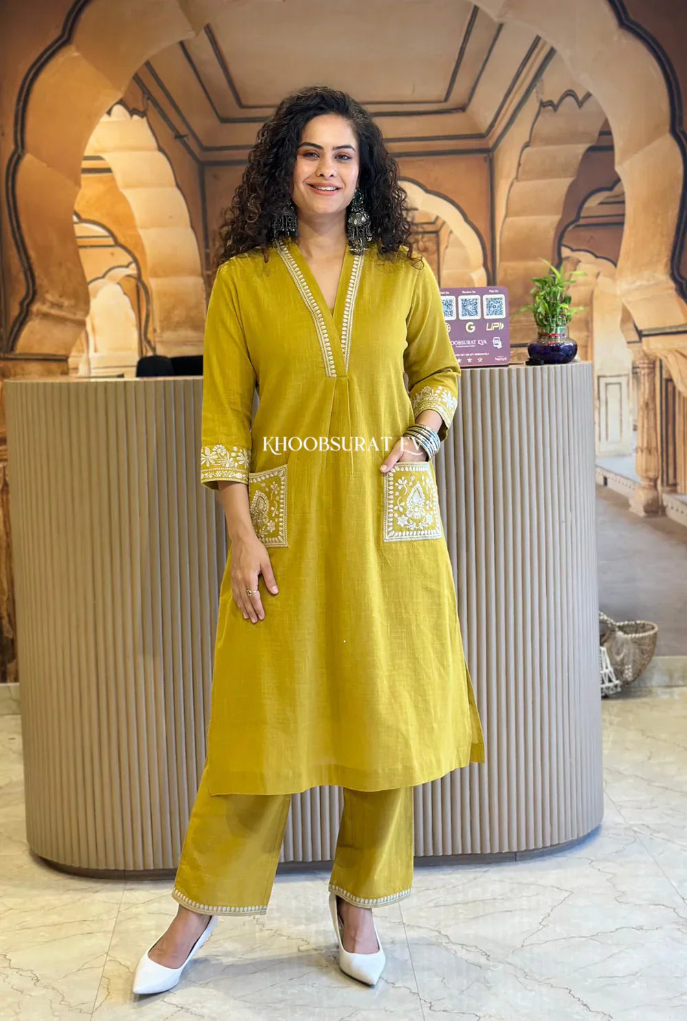 Mustard Yellow Embroidered Pocket Kurta Set for Women