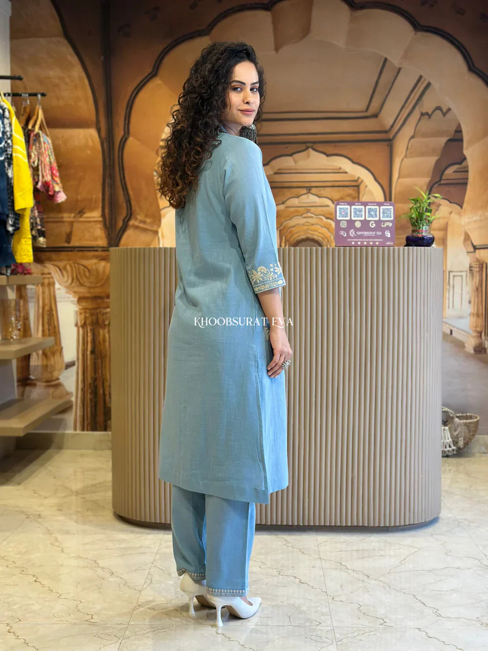Light Blue Embroidered Cotton Kurta Pant Set for Women