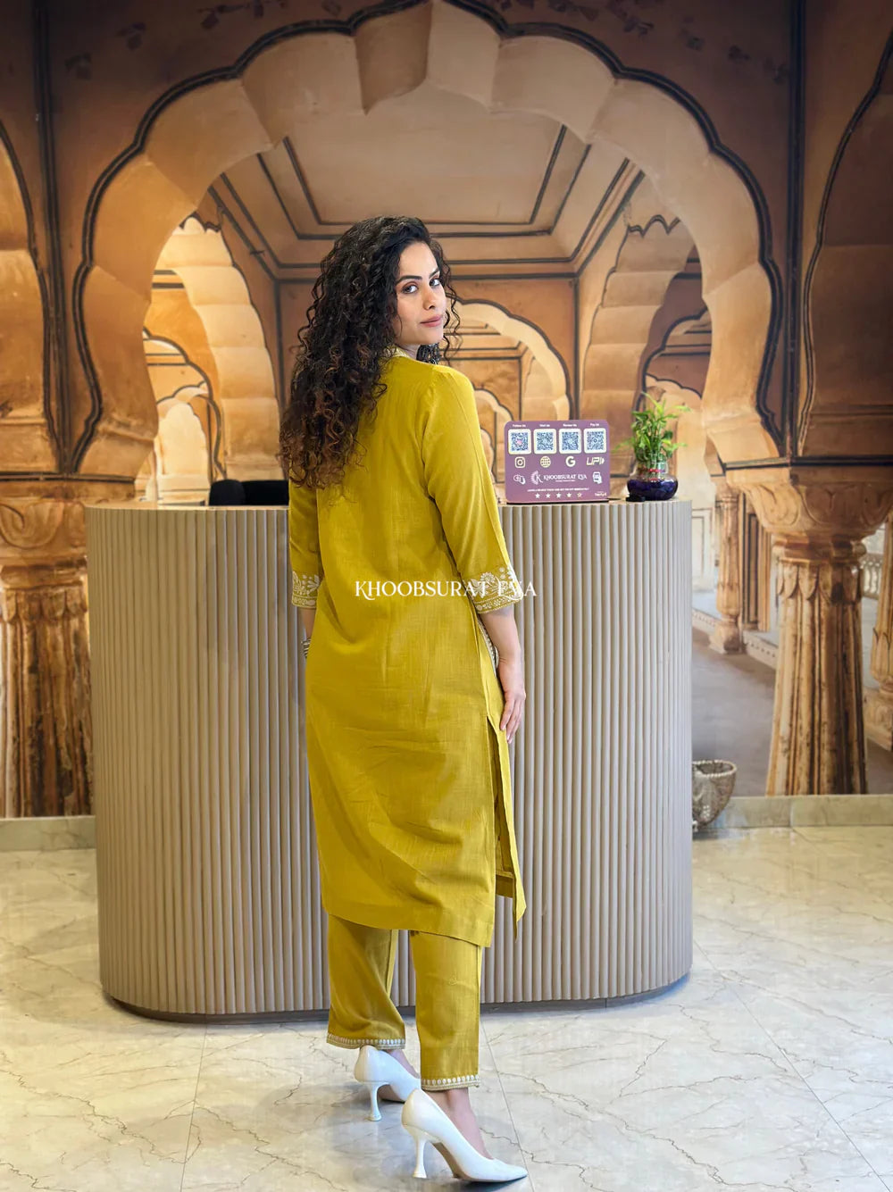 Mustard Yellow Embroidered Pocket Kurta Set for Women