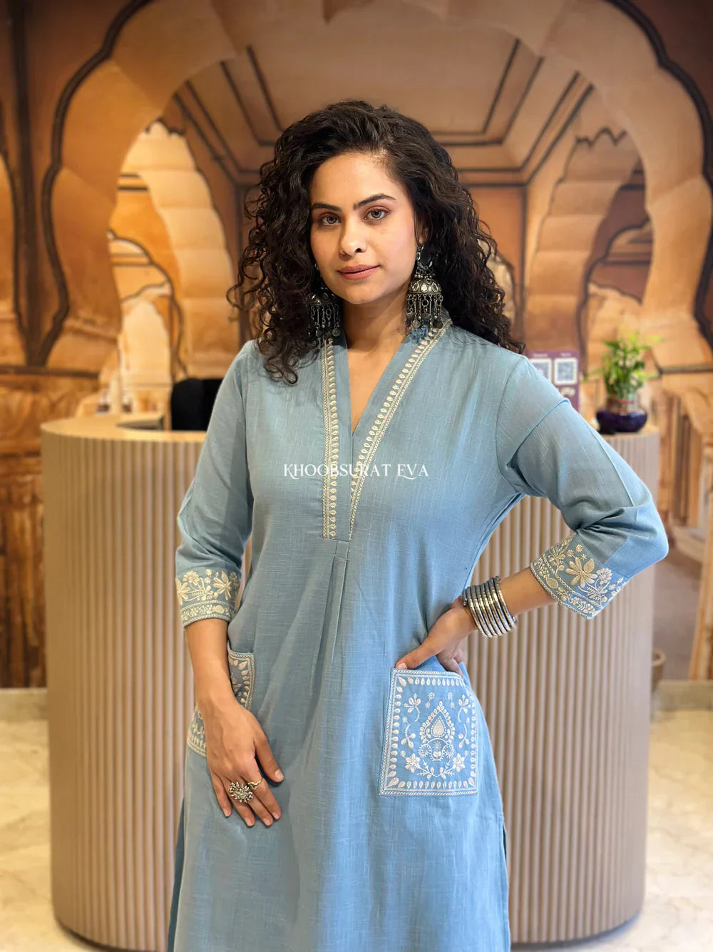 Light Blue Embroidered Cotton Kurta Pant Set for Women