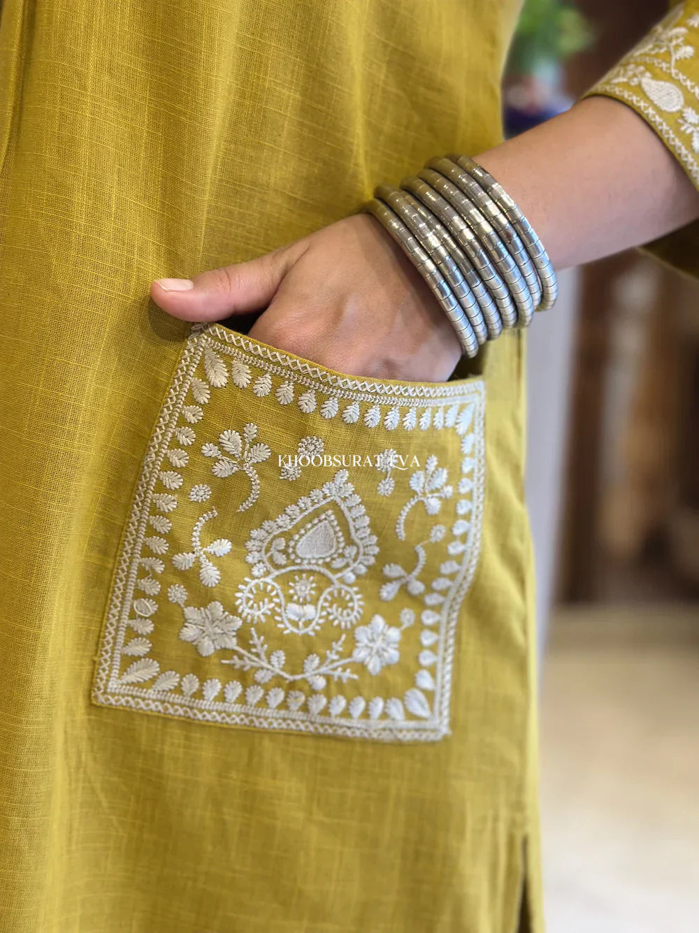 Mustard Yellow Embroidered Pocket Kurta Set for Women