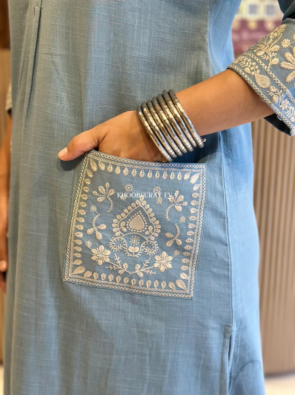 Light Blue Embroidered Cotton Kurta Pant Set for Women