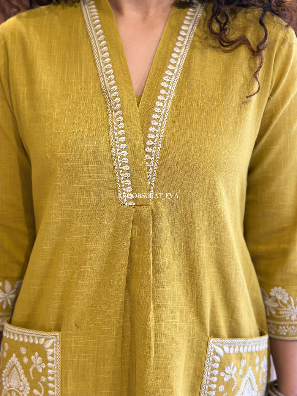 Mustard Yellow Embroidered Pocket Kurta Set for Women