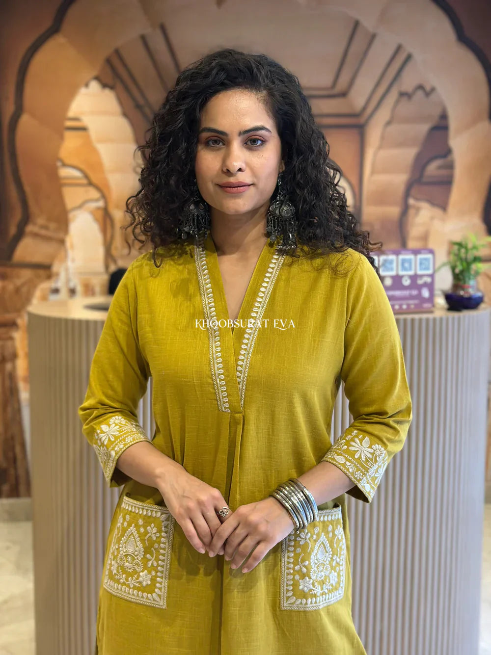 Mustard Yellow Embroidered Pocket Kurta Set for Women