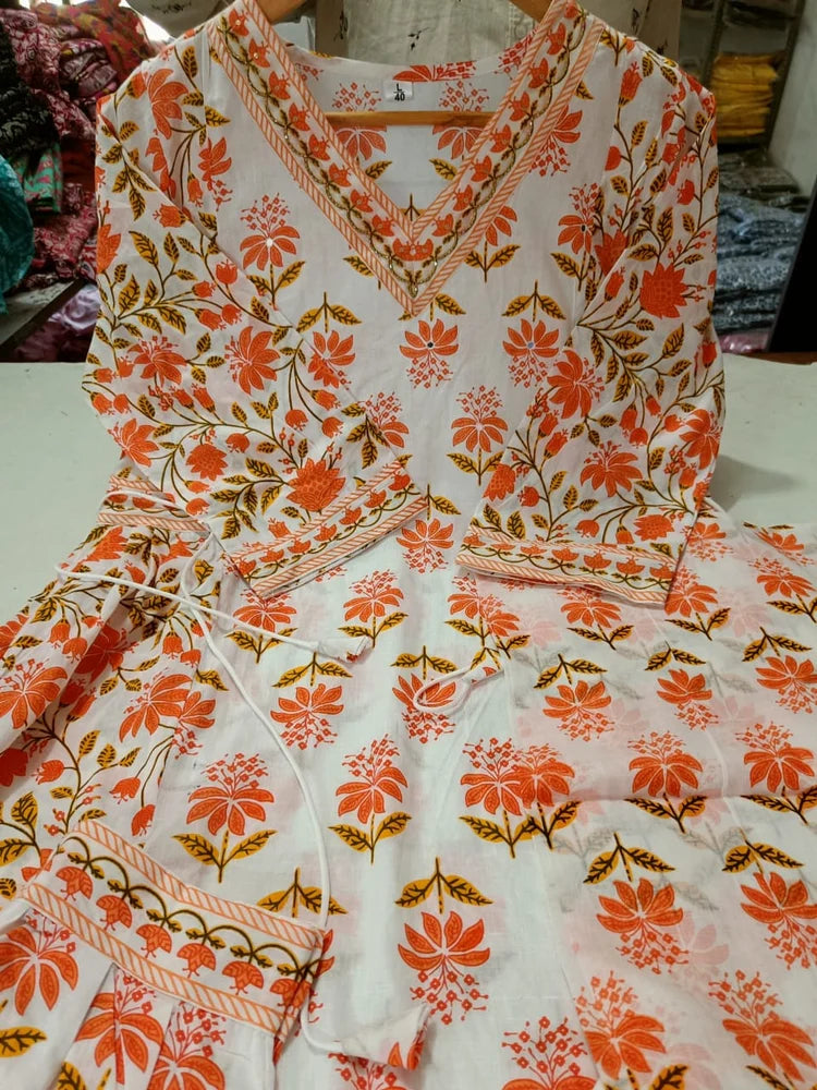 Orange Afghani Print Cotton Kurti Pant Set with Dupatta For Women